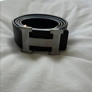 Hermes black Togo calfskin belt with brushed palladium buckle